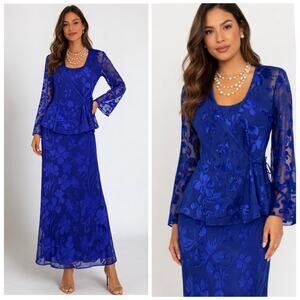 Vintage 90s Patra Royal Blue 2-Piece Formal Maxi Dress Set with Beaded Jacket 10